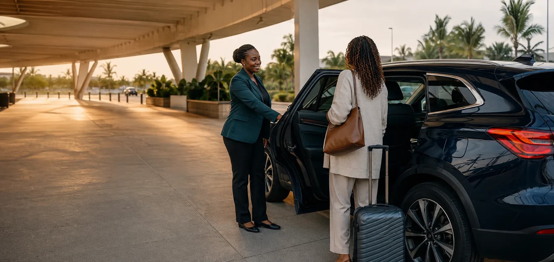 A professional driver welcoming a traveller at airport arrivals