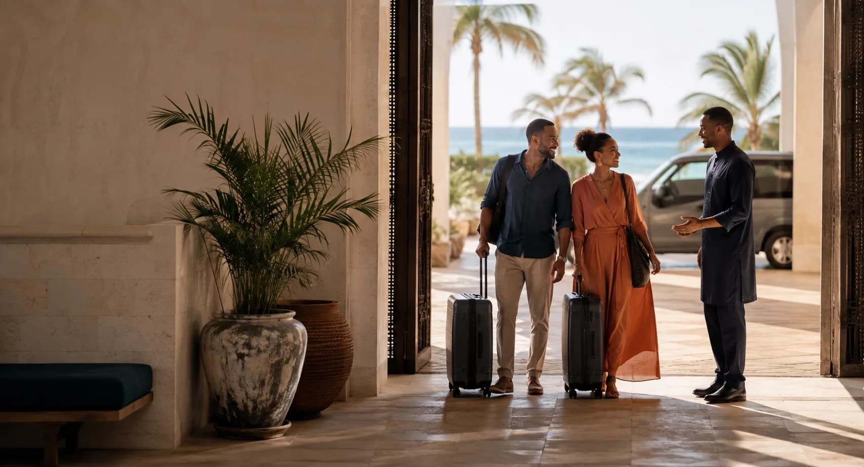 Travellers receiving a warm welcome at a coastal hotel