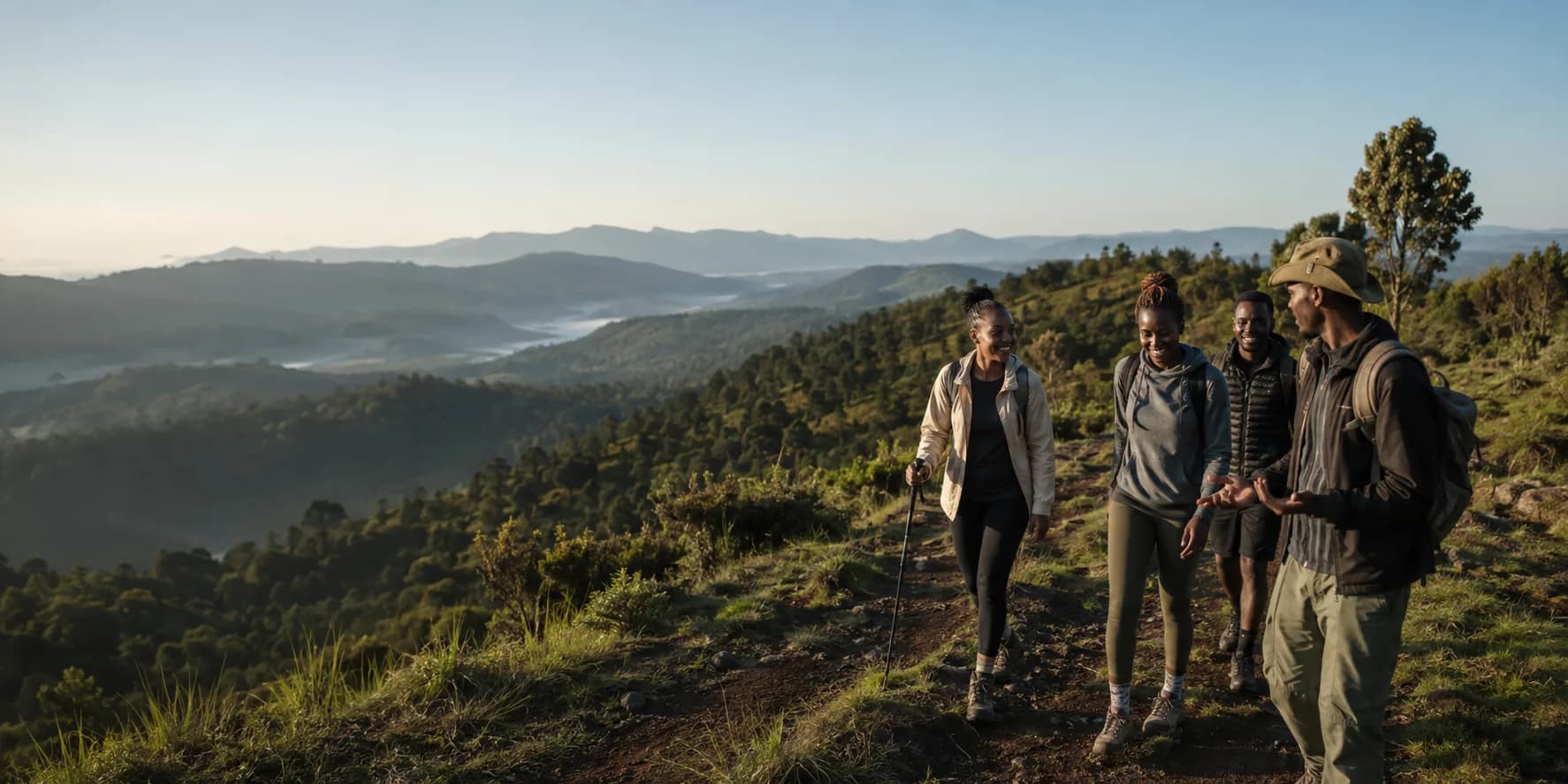 A small guided group walking through green East African highlands